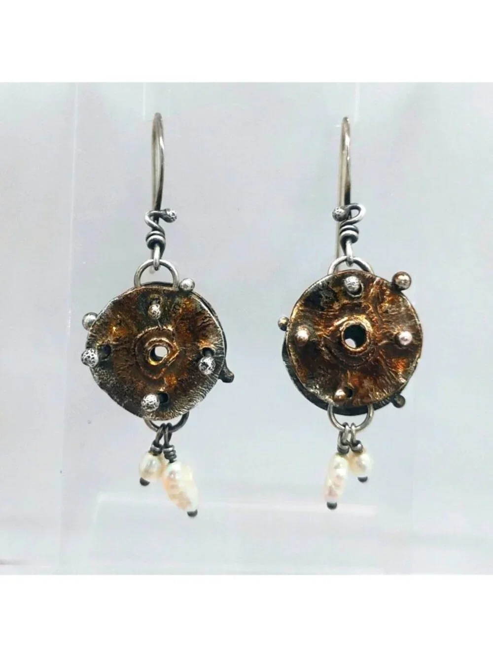 Artisan Handmade Mixed Metal Hammered Disc Earrings w/Dangling Freshwater Pearls